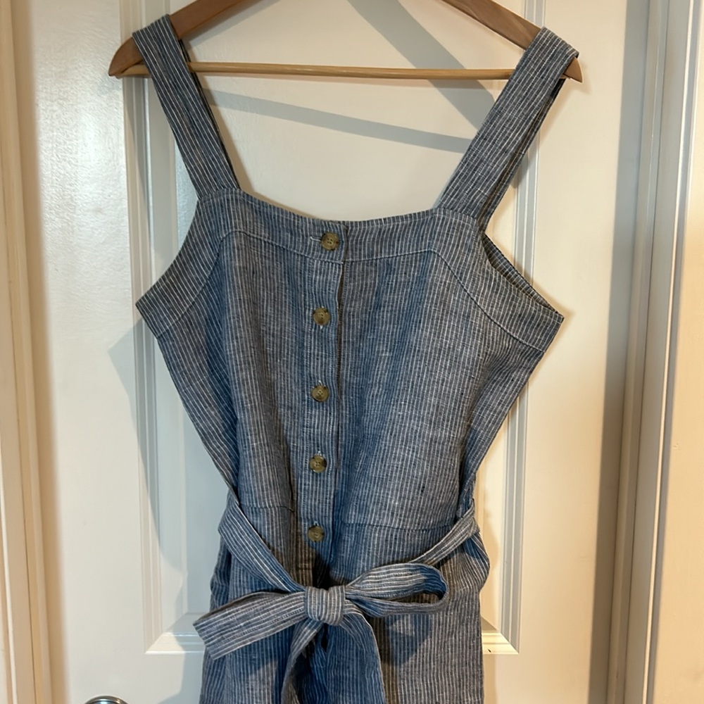 Everlane Linen Picnic Jumpsuit in Blue Pinstripe